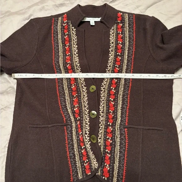 David Brooks 100% Wool Embroidered Cardigan Sweater Jacket Brown Floral Size L - Picture 9 of 12